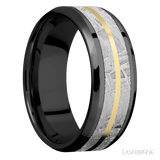8 mm wide/Beveled/Zirconium band featuring inlays of Meteorite and 14K Yellow Gold