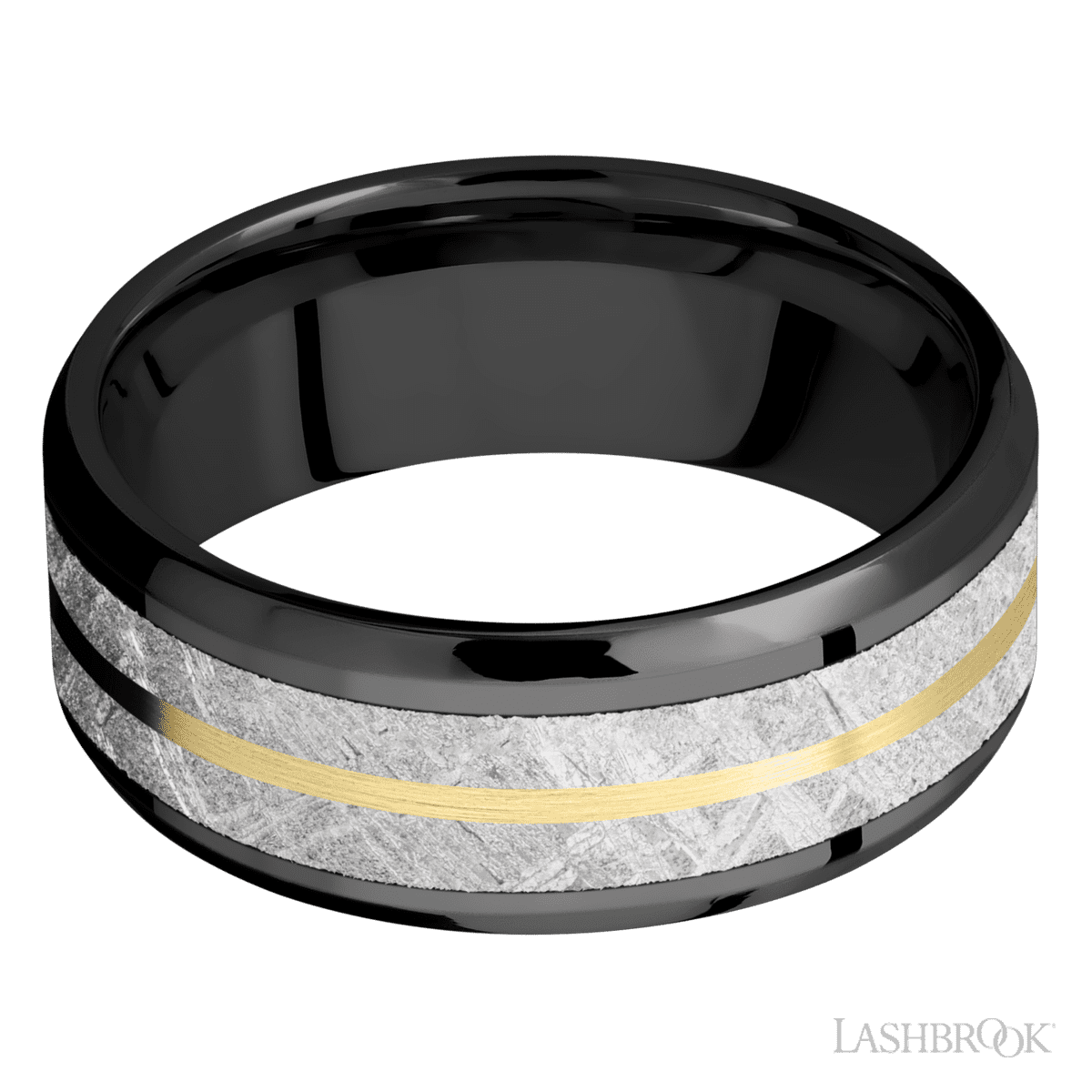 8 mm wide/Beveled/Zirconium band featuring inlays of Meteorite and 14K Yellow Gold