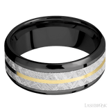 8 mm wide/Beveled/Zirconium band featuring inlays of Meteorite and 14K Yellow Gold