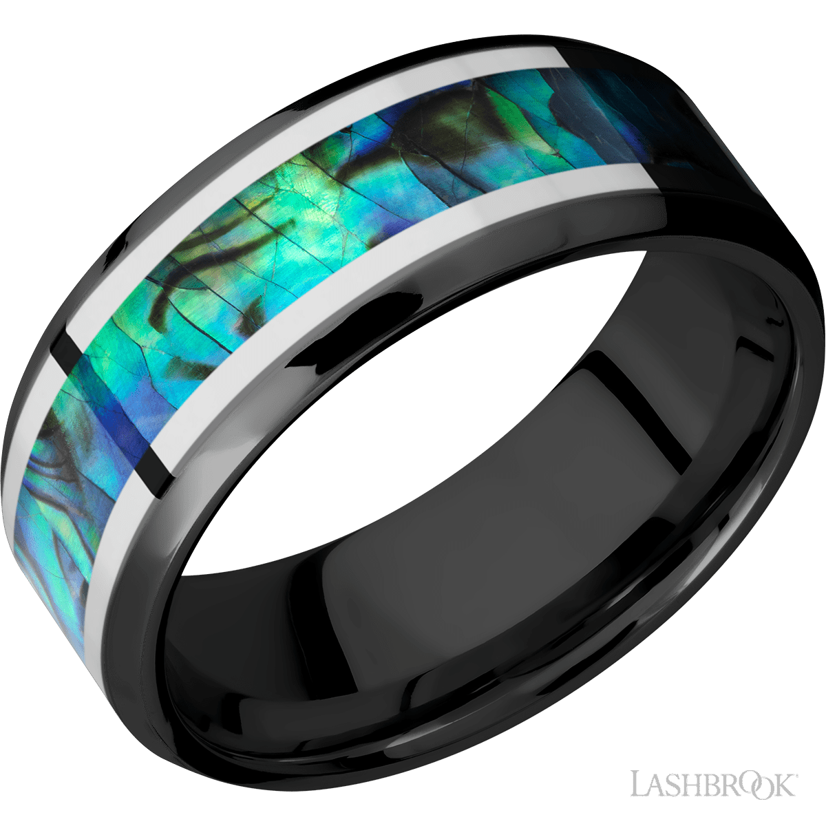 8 mm wide/Beveled/Zirconium band featuring inlays of Palladium Silver and Abalone