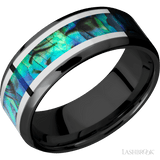 8 mm wide/Beveled/Zirconium band featuring inlays of Palladium Silver and Abalone