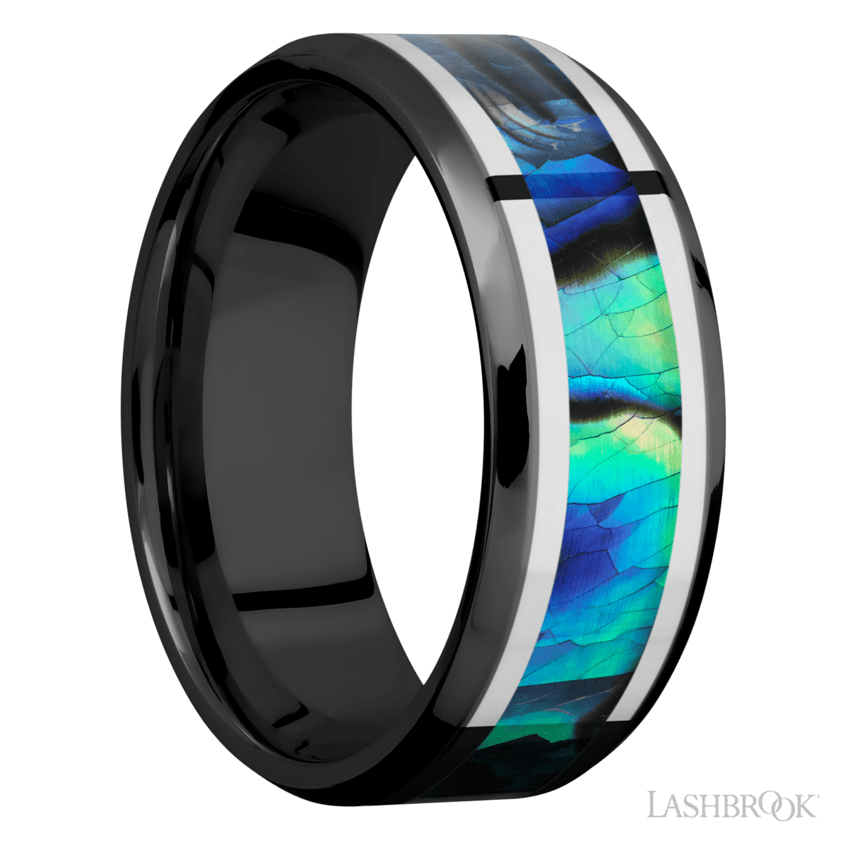 8 mm wide/Beveled/Zirconium band featuring inlays of Palladium Silver and Abalone
