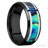 8 mm wide/Beveled/Zirconium band featuring inlays of Palladium Silver and Abalone