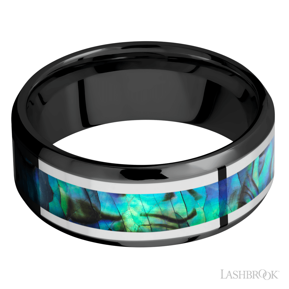 8 mm wide/Beveled/Zirconium band featuring inlays of Palladium Silver and Abalone
