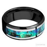 8 mm wide/Beveled/Zirconium band featuring inlays of Palladium Silver and Abalone