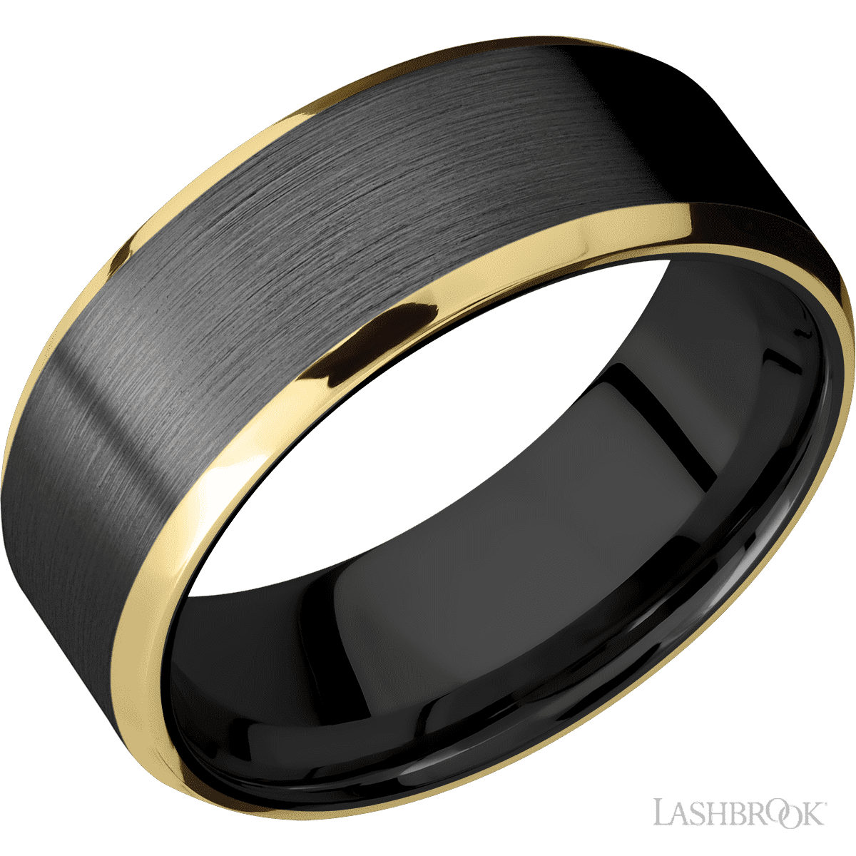 8 mm wide/Beveled/Zirconium band with two 1 mm Edge inlays of 14K Yellow Gold