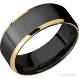 8 mm wide/Beveled/Zirconium band with two 1 mm Edge inlays of 14K Yellow Gold