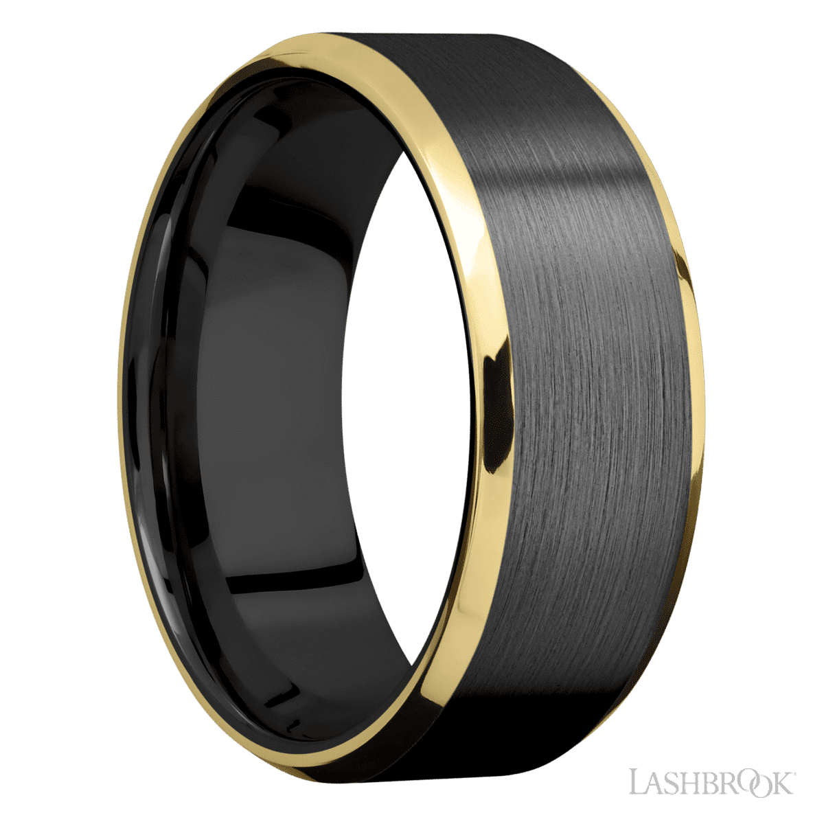 8 mm wide/Beveled/Zirconium band with two 1 mm Edge inlays of 14K Yellow Gold
