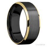 8 mm wide/Beveled/Zirconium band with two 1 mm Edge inlays of 14K Yellow Gold