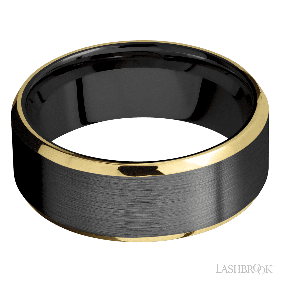 8 mm wide/Beveled/Zirconium band with two 1 mm Edge inlays of 14K Yellow Gold