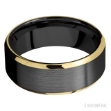 8 mm wide/Beveled/Zirconium band with two 1 mm Edge inlays of 14K Yellow Gold