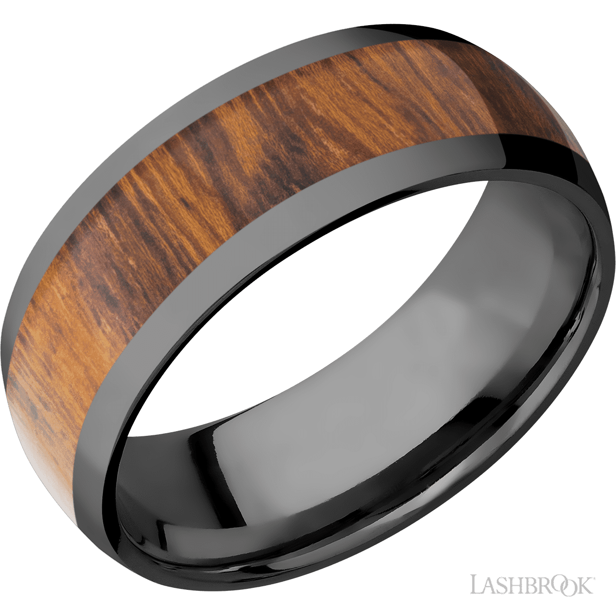 8 mm wide/Domed/Zirconium band with one 5 mm Centered inlay of Desert Iron Wood