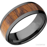 8 mm wide/Domed/Zirconium band with one 5 mm Centered inlay of Desert Iron Wood