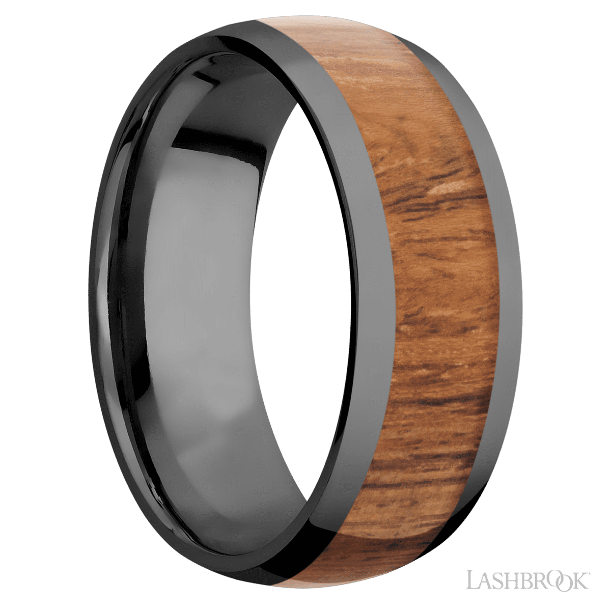 8 mm wide/Domed/Zirconium band with one 5 mm Centered inlay of Desert Iron Wood