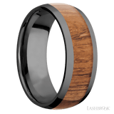 8 mm wide/Domed/Zirconium band with one 5 mm Centered inlay of Desert Iron Wood
