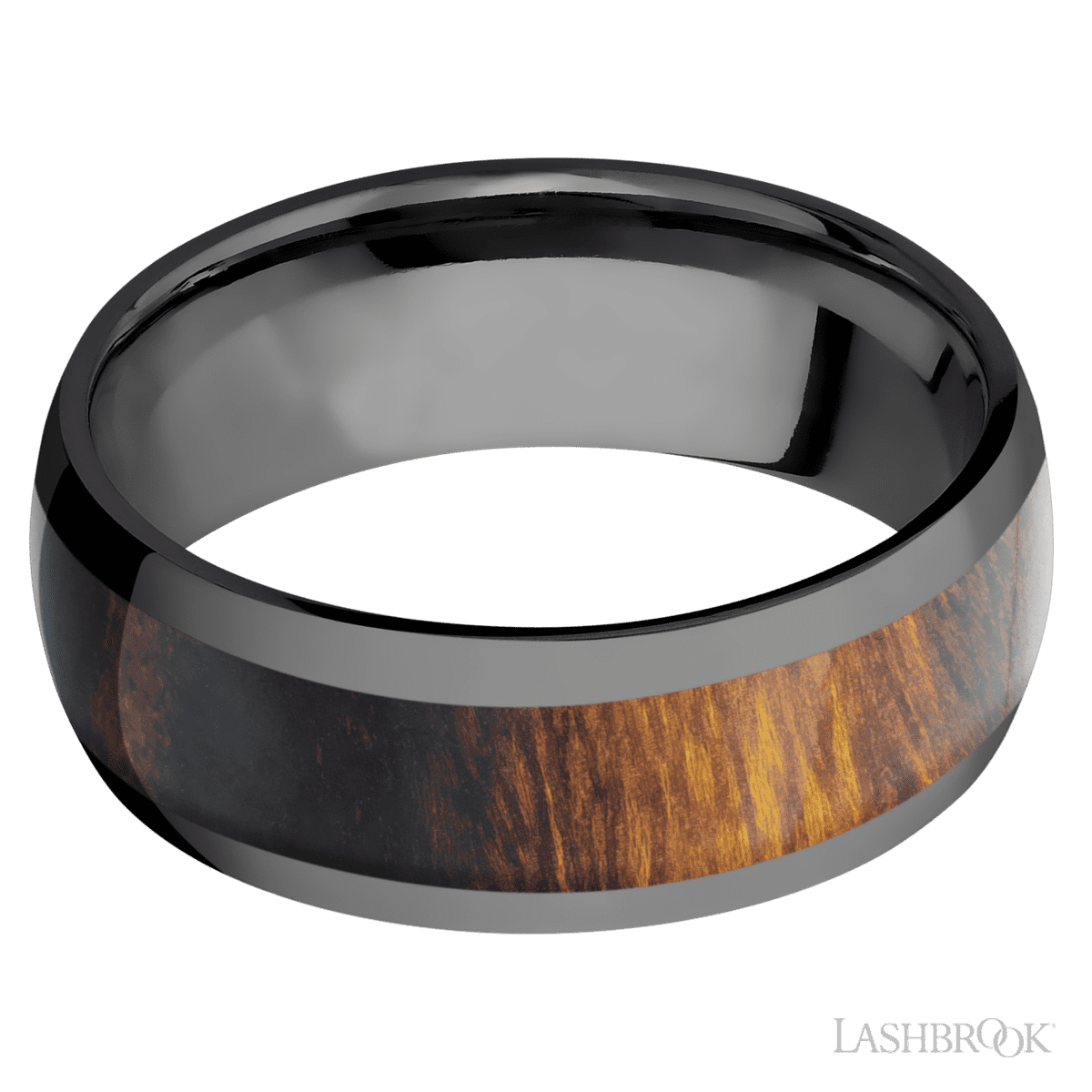 8 mm wide/Domed/Zirconium band with one 5 mm Centered inlay of Desert Iron Wood