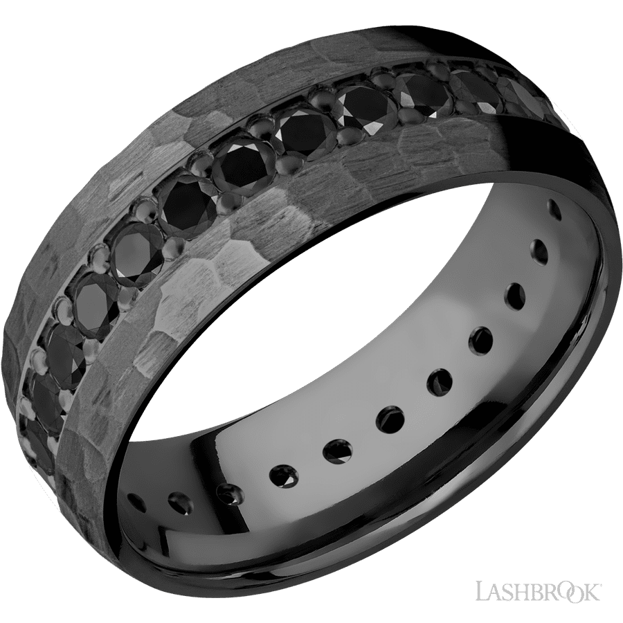 8 mm wide/Domed/Zirconium band with an Eternity arrangement of 05 carat Round Black Diamond stones in a Bead setting