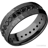 8 mm wide/Domed/Zirconium band with an Eternity arrangement of 05 carat Round Black Diamond stones in a Bead setting