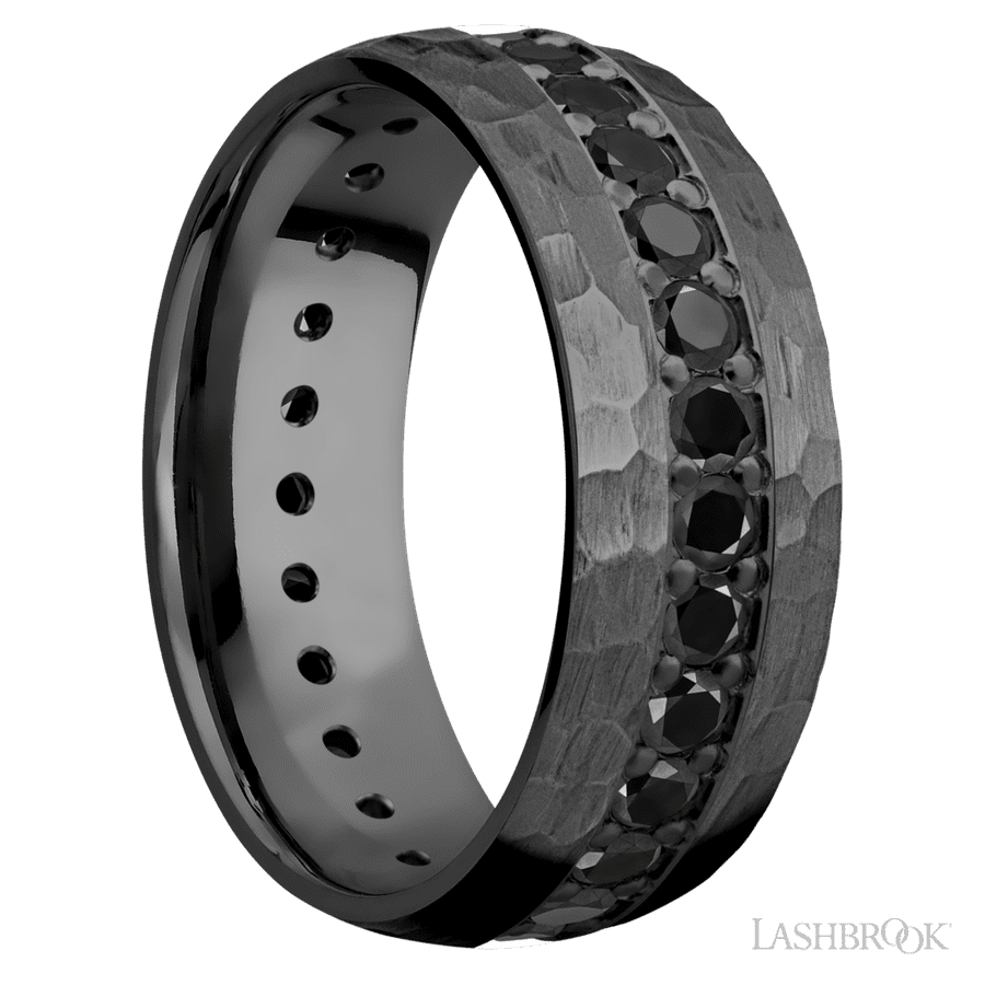 8 mm wide/Domed/Zirconium band with an Eternity arrangement of 05 carat Round Black Diamond stones in a Bead setting