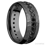 8 mm wide/Domed/Zirconium band with an Eternity arrangement of 05 carat Round Black Diamond stones in a Bead setting