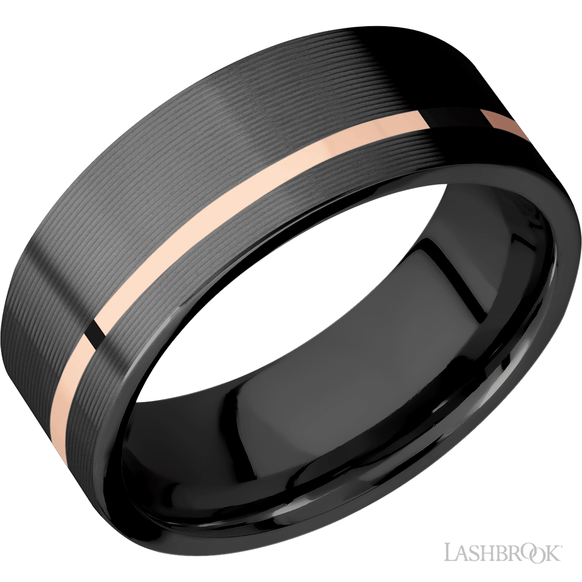 8 mm wide/Flat/Zirconium band with one 1 mm Off Center inlay of 14K Rose Gold