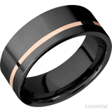 8 mm wide/Flat/Zirconium band with one 1 mm Off Center inlay of 14K Rose Gold