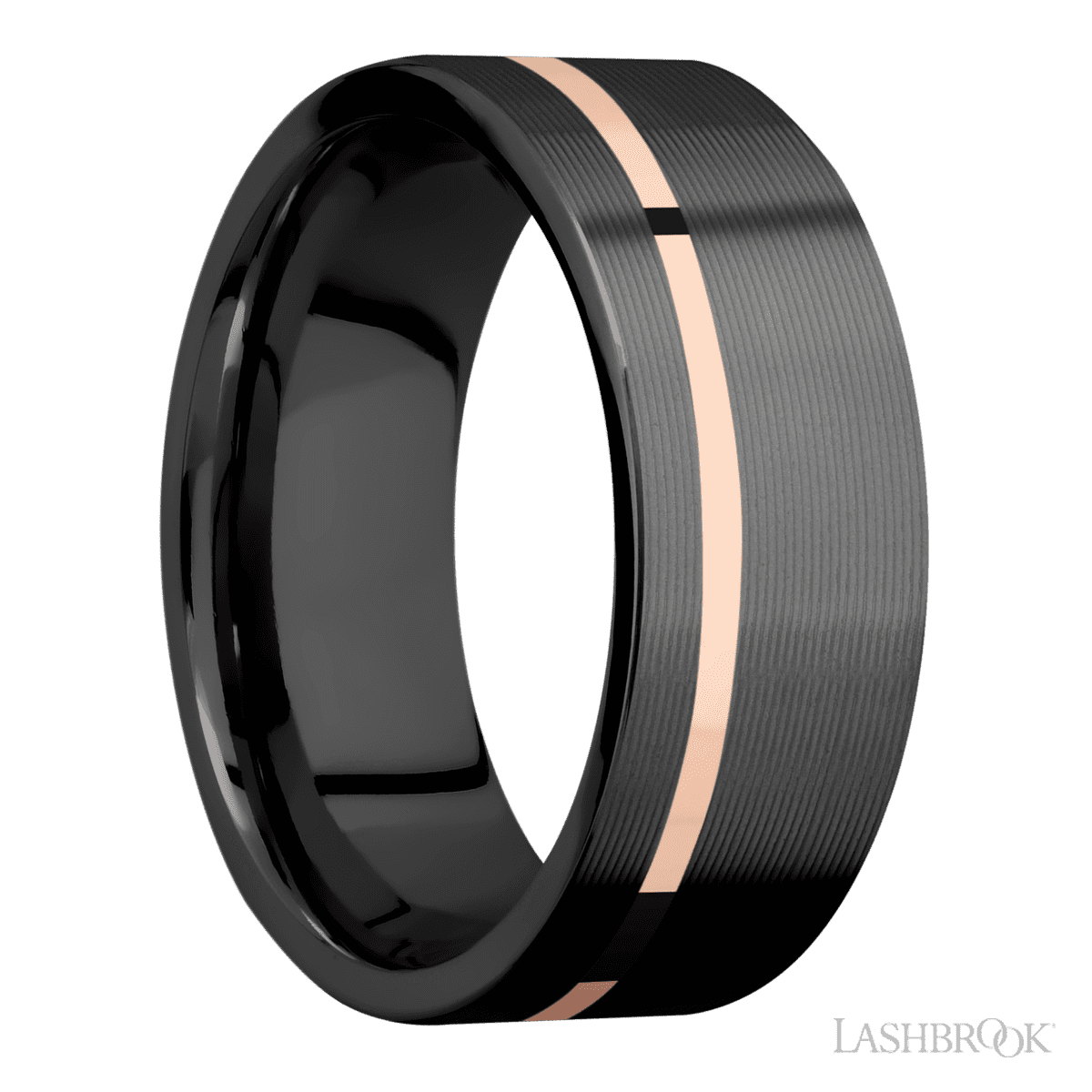 8 mm wide/Flat/Zirconium band with one 1 mm Off Center inlay of 14K Rose Gold