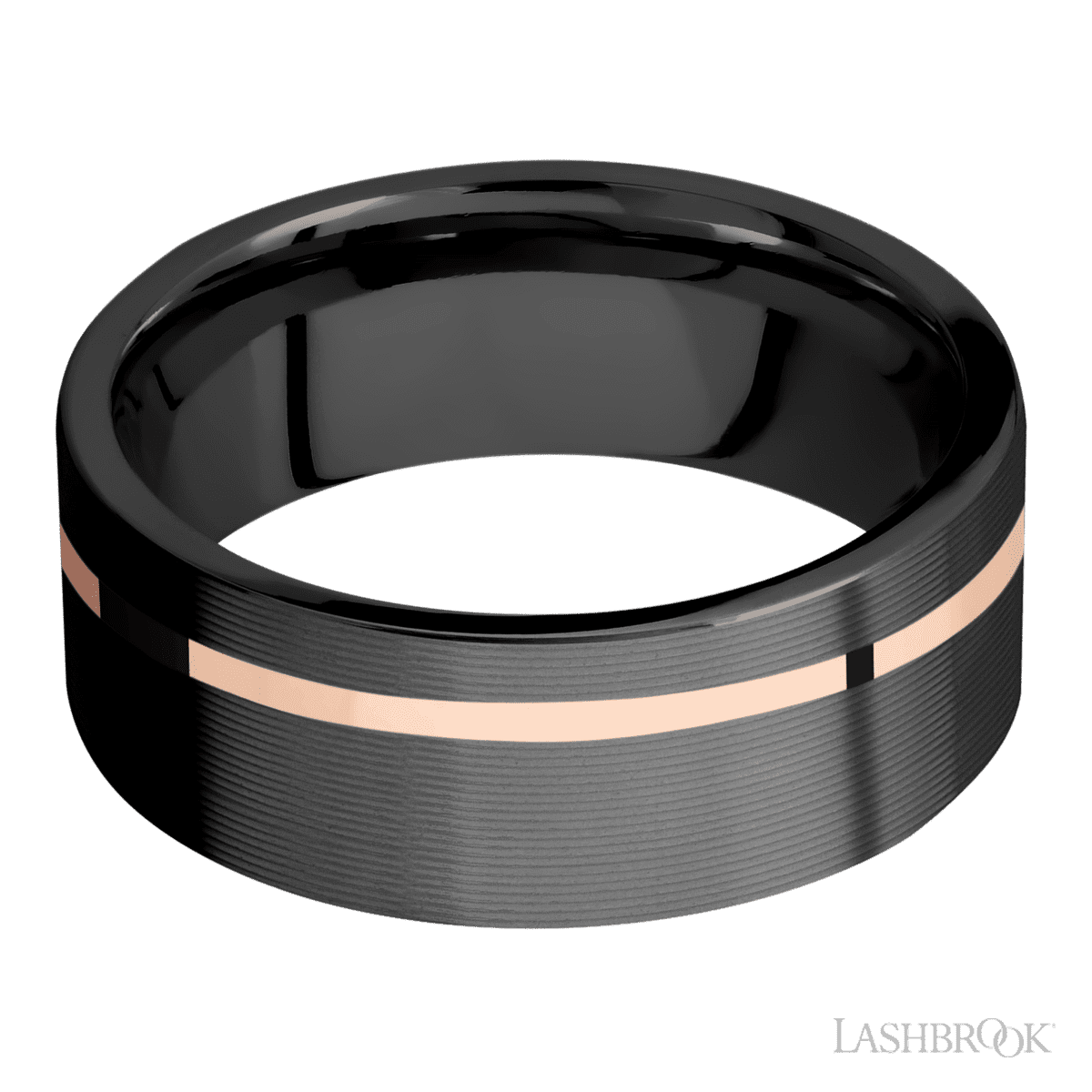 8 mm wide/Flat/Zirconium band with one 1 mm Off Center inlay of 14K Rose Gold