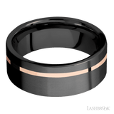 8 mm wide/Flat/Zirconium band with one 1 mm Off Center inlay of 14K Rose Gold