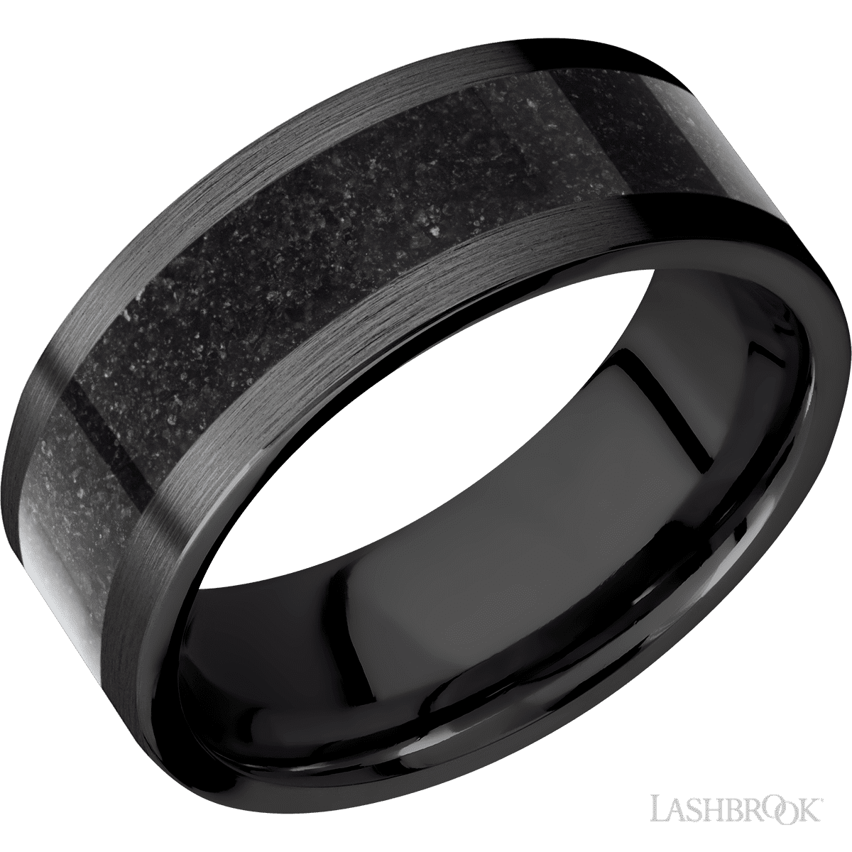 8 mm wide/Flat/Zirconium band with one 5 mm Centered inlay of Dinosaur Bone Black