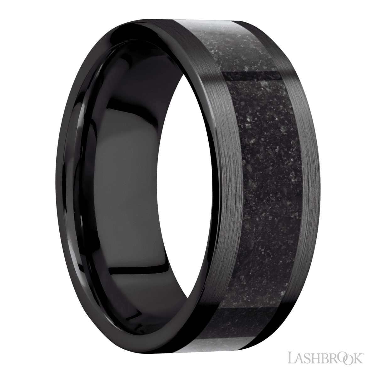 8 mm wide/Flat/Zirconium band with one 5 mm Centered inlay of Dinosaur Bone Black