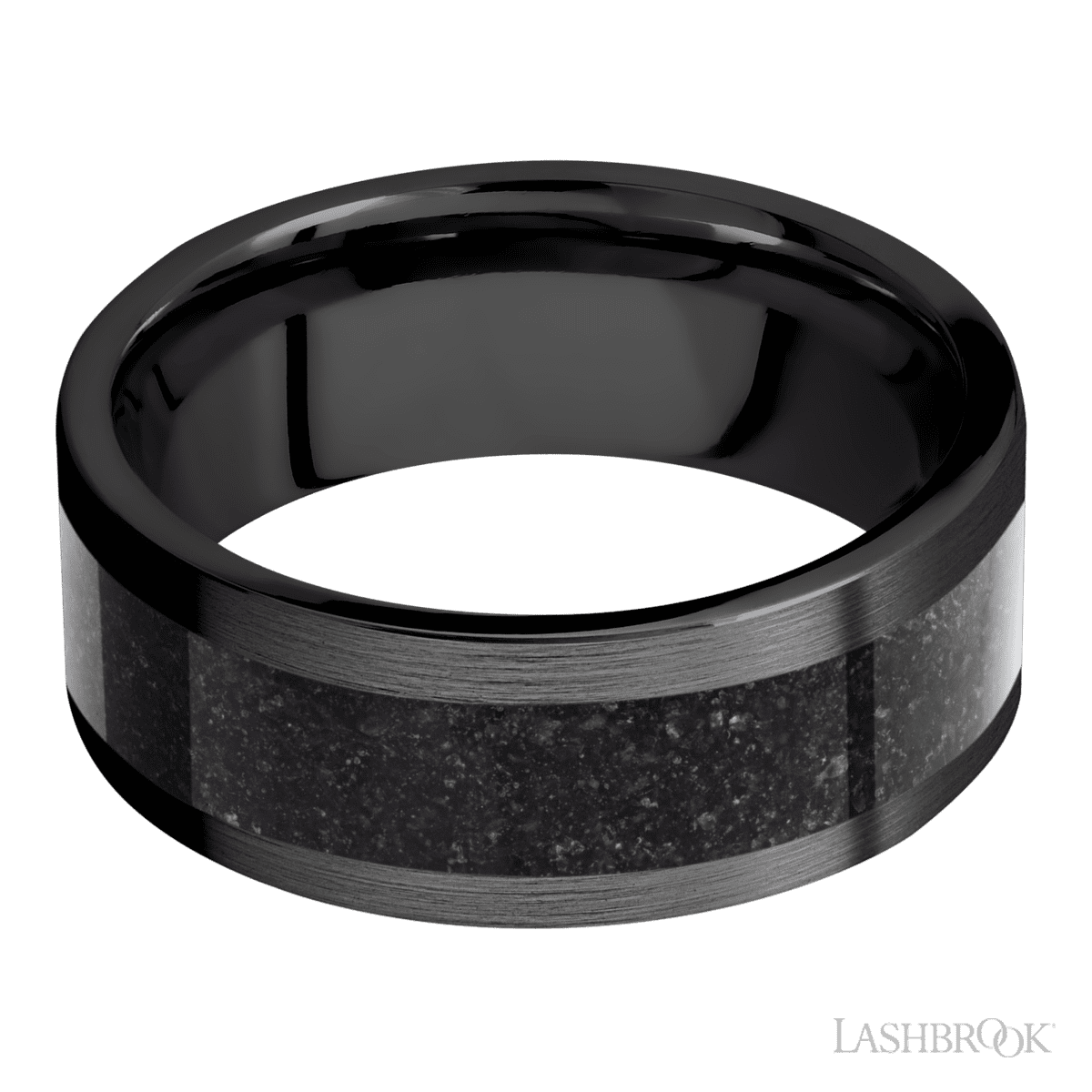 8 mm wide/Flat/Zirconium band with one 5 mm Centered inlay of Dinosaur Bone Black