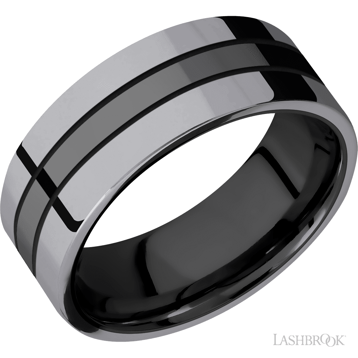 8 mm wide/Flat/Zirconium band with two 3 mm Double Off Center Edge inlays of Tantalum
