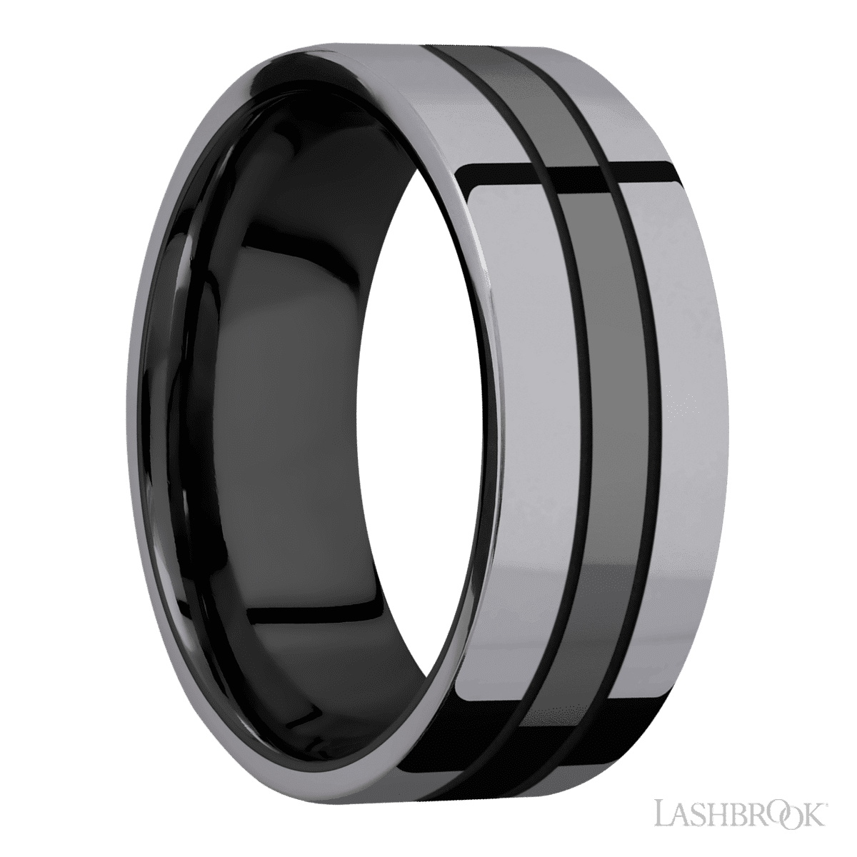 8 mm wide/Flat/Zirconium band with two 3 mm Double Off Center Edge inlays of Tantalum
