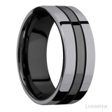 8 mm wide/Flat/Zirconium band with two 3 mm Double Off Center Edge inlays of Tantalum