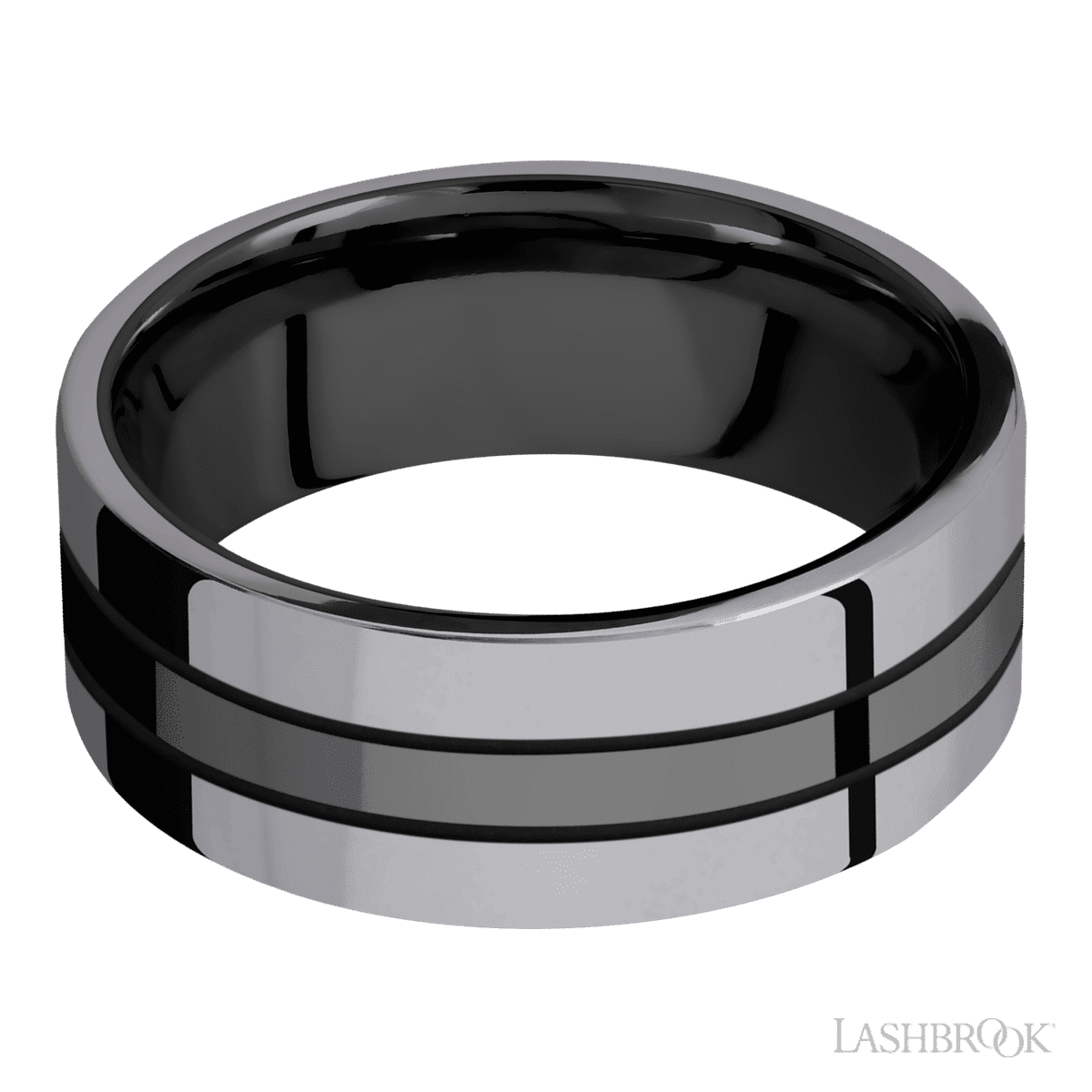 8 mm wide/Flat/Zirconium band with two 3 mm Double Off Center Edge inlays of Tantalum