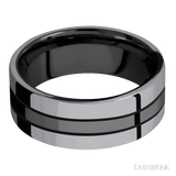 8 mm wide/Flat/Zirconium band with two 3 mm Double Off Center Edge inlays of Tantalum
