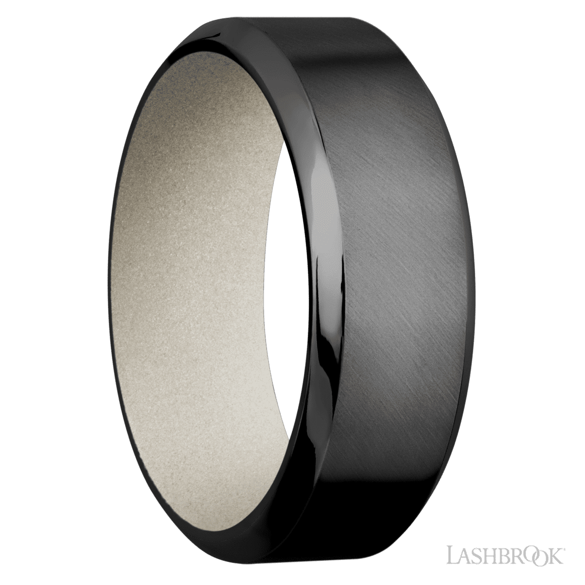 8 mm wide High Bevel Zirconium band featuring a Bright Nickel sleeve