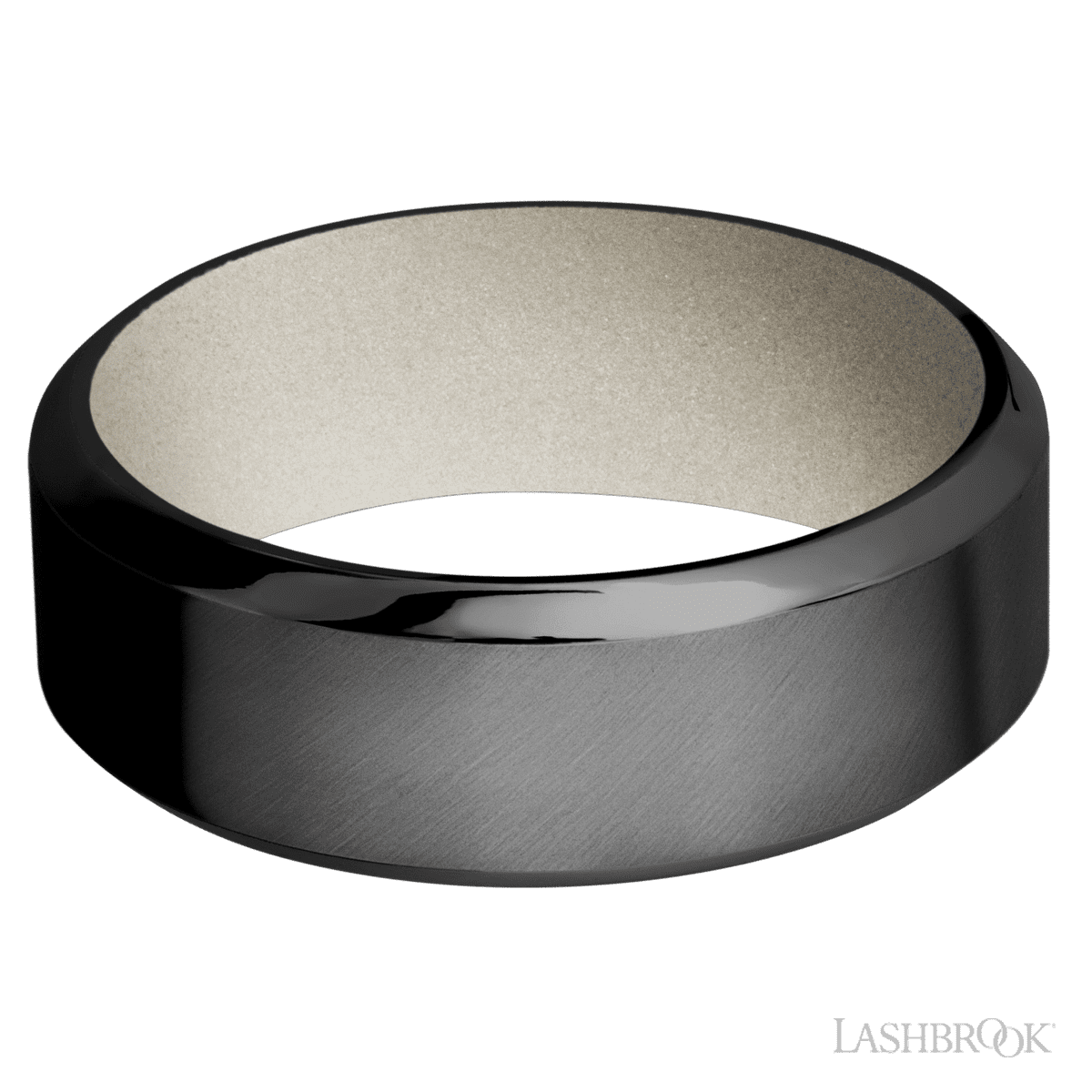 8 mm wide High Bevel Zirconium band featuring a Bright Nickel sleeve