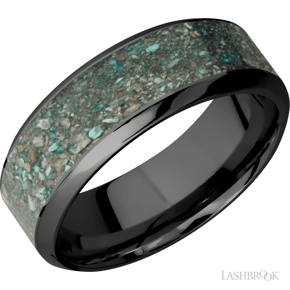 8 mm wide/High Bevel/Zirconium band with one 5 mm Centered inlay of Ocean Jasper