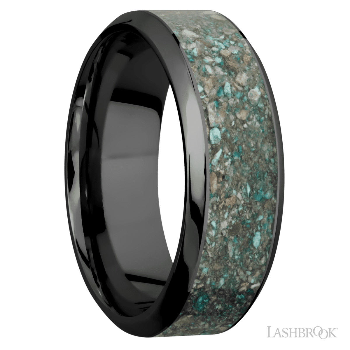 8 mm wide/High Bevel/Zirconium band with one 5 mm Centered inlay of Ocean Jasper