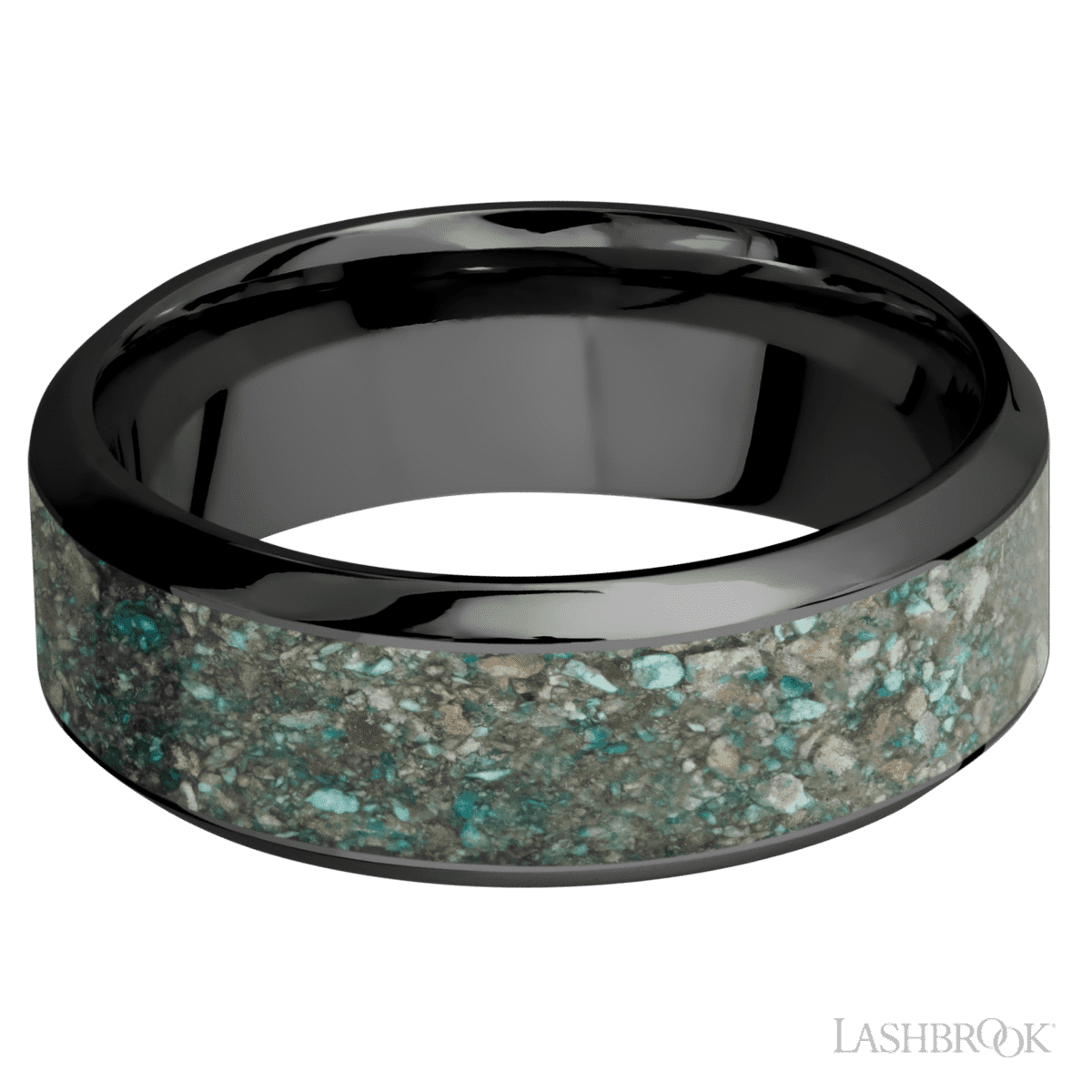 8 mm wide/High Bevel/Zirconium band with one 5 mm Centered inlay of Ocean Jasper