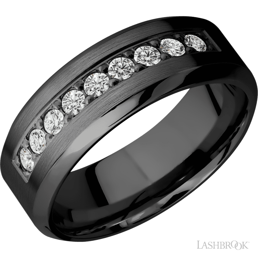 "8 mm wide/High Bevel/Zirconium band with an  arrangement of 9, 05 carat Round Diamond stones in a Bead setting"