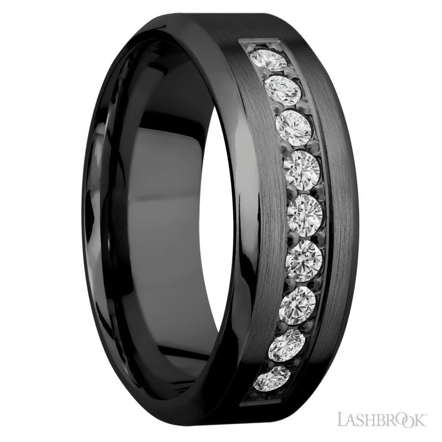 "8 mm wide/High Bevel/Zirconium band with an  arrangement of 9, 05 carat Round Diamond stones in a Bead setting"