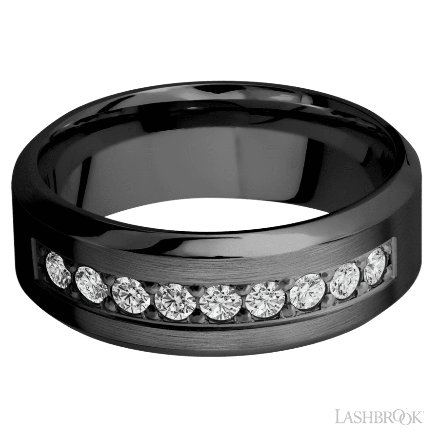 "8 mm wide/High Bevel/Zirconium band with an  arrangement of 9, 05 carat Round Diamond stones in a Bead setting"