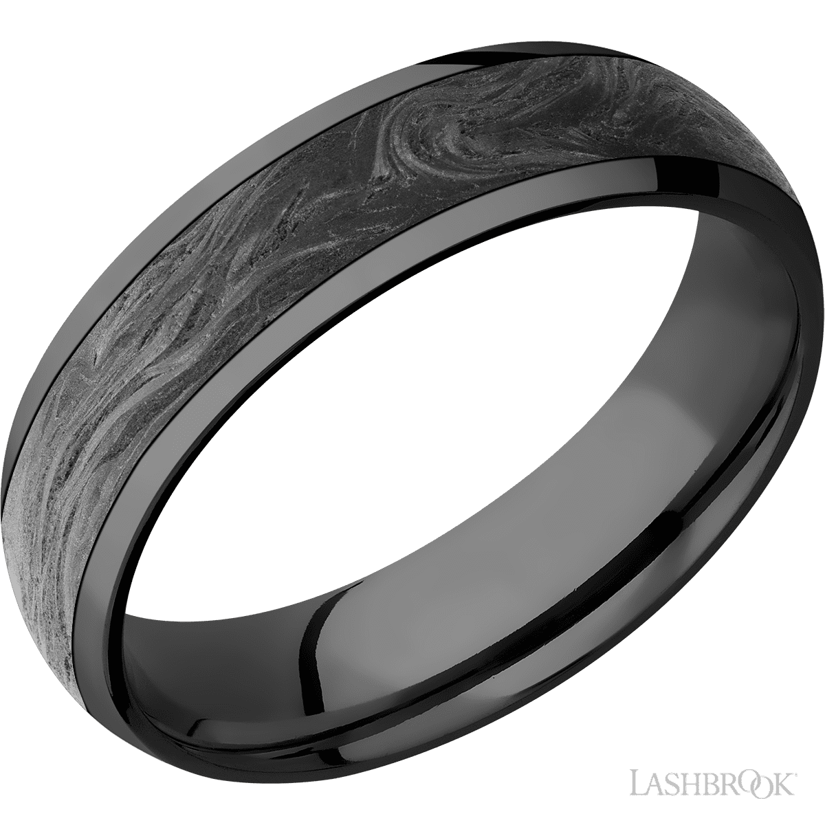 6 mm wide/Domed/Zirconium band with one 4 mm Centered inlay of Forged Carbon Fiber