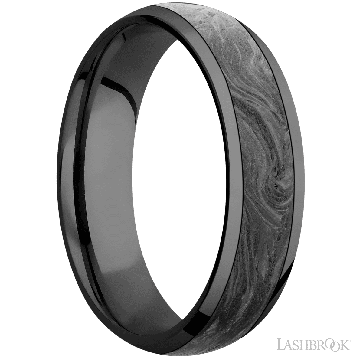 6 mm wide/Domed/Zirconium band with one 4 mm Centered inlay of Forged Carbon Fiber