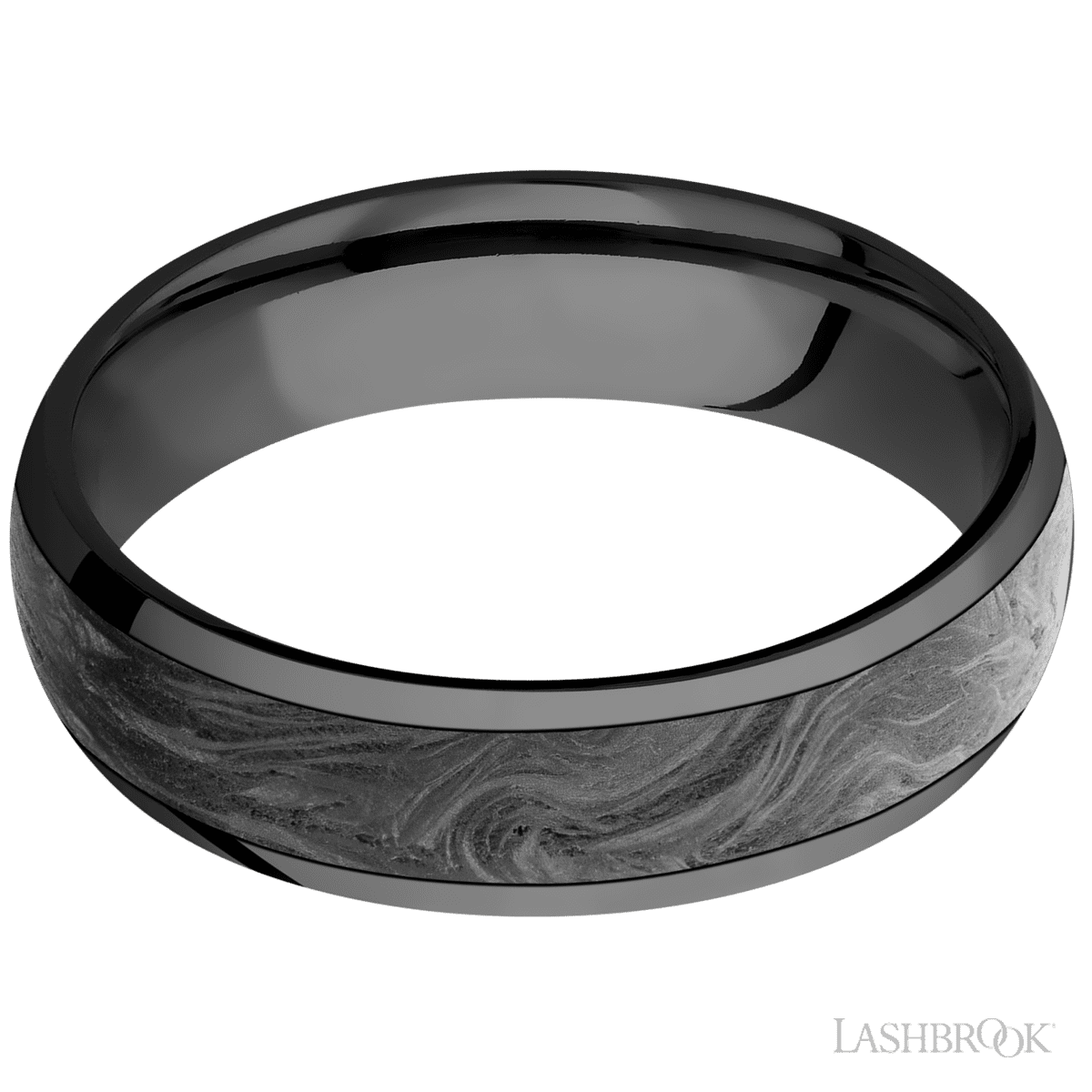 6 mm wide/Domed/Zirconium band with one 4 mm Centered inlay of Forged Carbon Fiber