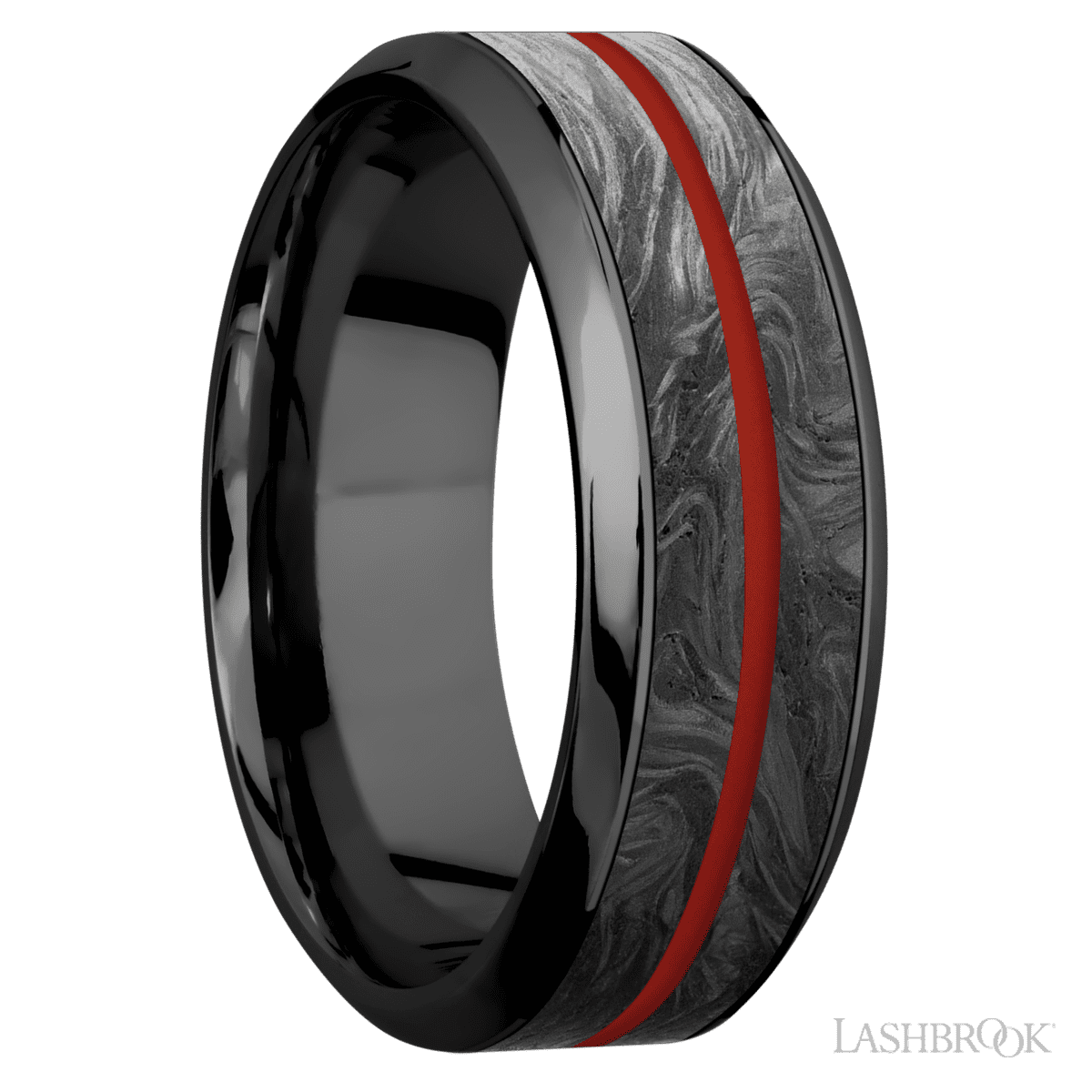8 mm wide/High Bevel/Zirconium band featuring inlays of Forged Carbon Fiber and Red Apple