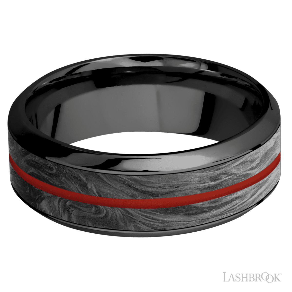 8 mm wide/High Bevel/Zirconium band featuring inlays of Forged Carbon Fiber and Red Apple
